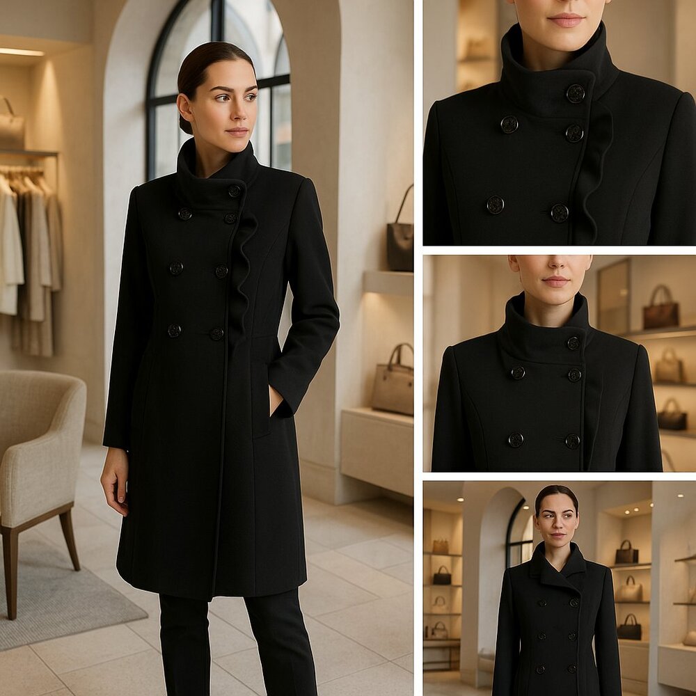 ✨T Tahari Black Ruffled Collar Coat – Elegant & Timeless